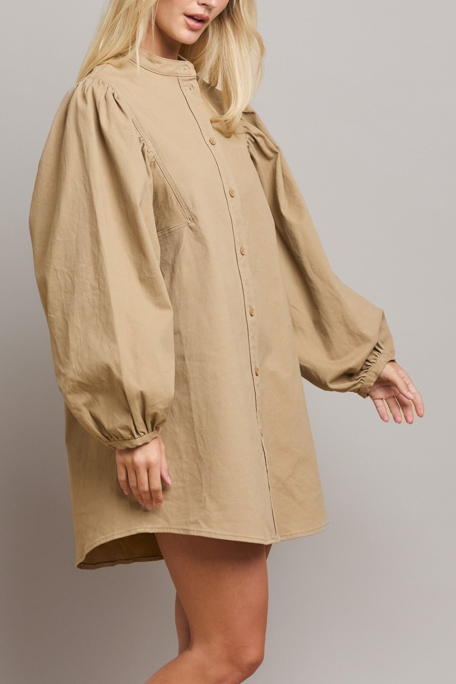 Volume Sleeve Button Down Mini Dress - Taupe
