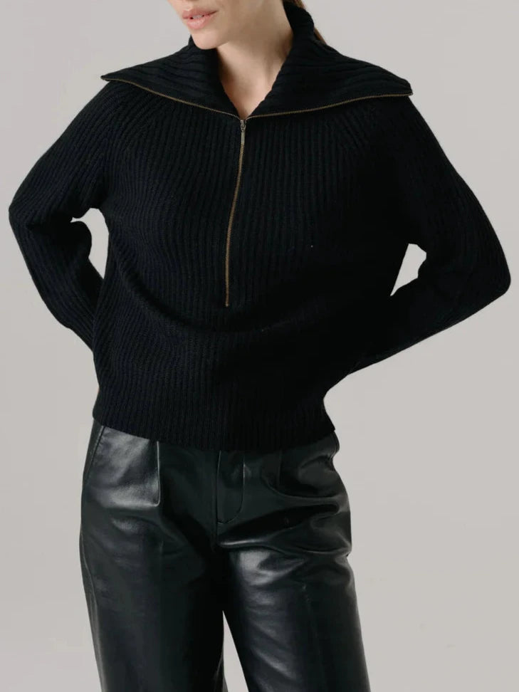 W. Cashmere Tori Fisherman Zip-Up Pullover - Black