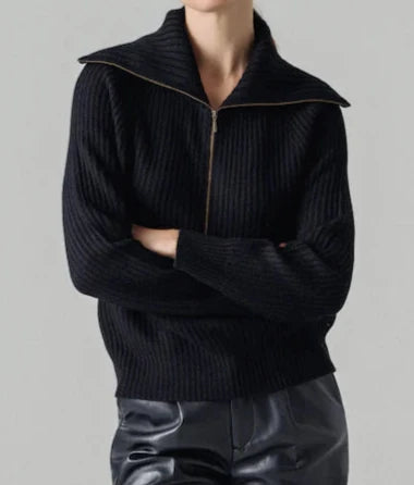 W. Cashmere Tori Fisherman Zip-Up Pullover - Black