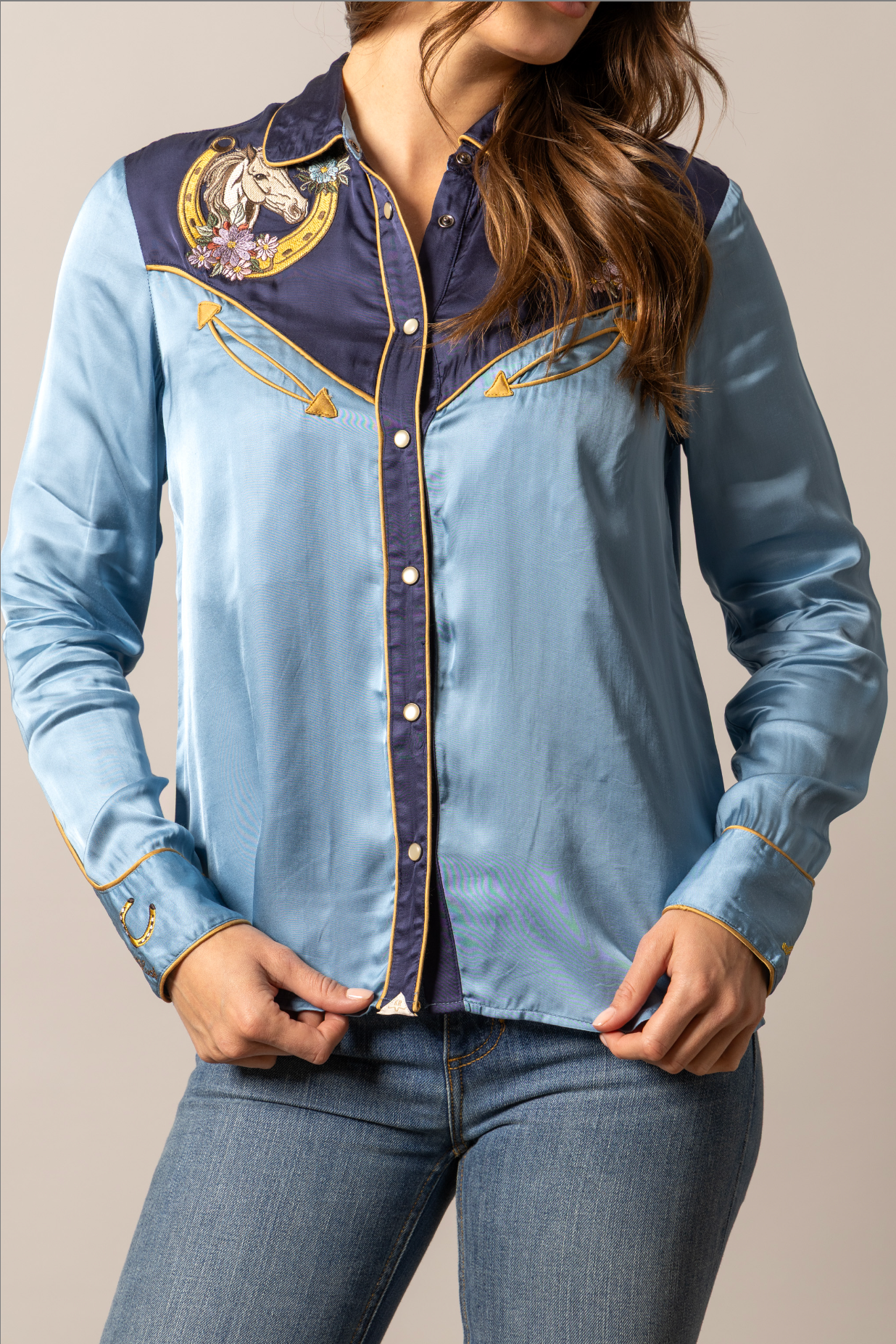 Kimes Ranch Merada Button Up Shirt FREE SHIPPING AT BOLTRANCHSTORE.COM WTO0000079 womens western silk cowgirl rodeo blouse blue