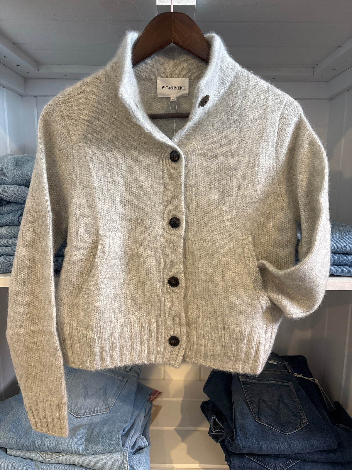 A light oatmeal-colored knit cardigan sweater with a shawl collar and dark buttons W Cashmere Quincy Cardigan Mist in stock at bolt ranch store kamas utah 
