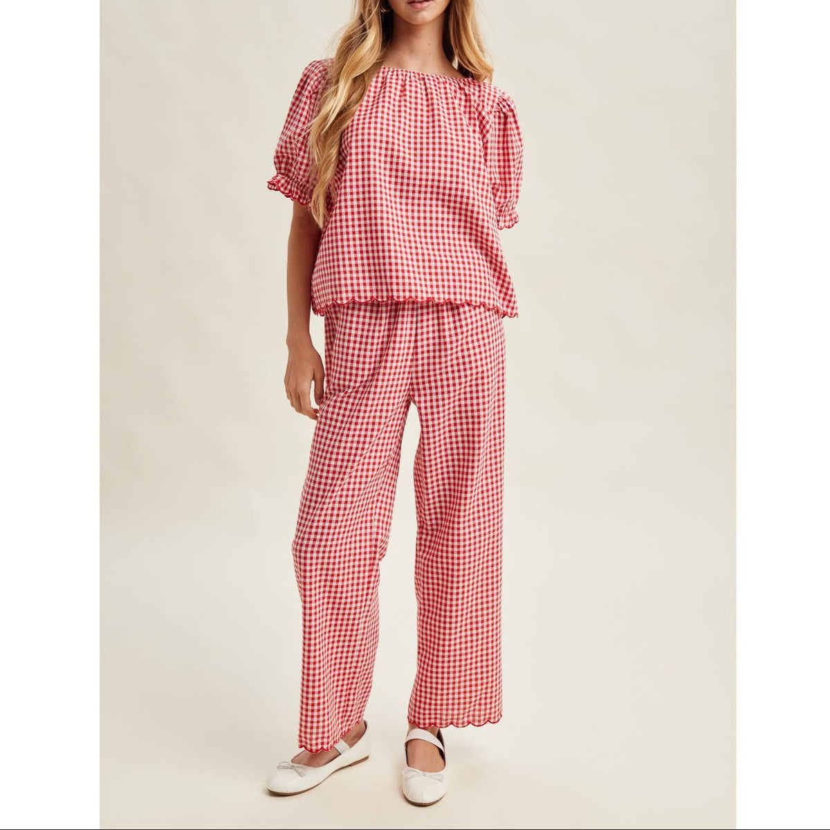 Wendy Gingham Scallop Hem Shirt at boltranchstore.com free shipping in stock Woman wearing a red and white 4th of July Outfit checkered outfit on a plain background