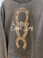 Womens Western Horseshoe Crewneck by Blue B sold at Bolt Ranch Store gray acid wash sweatshirt with embroidered horseshoes and good luck