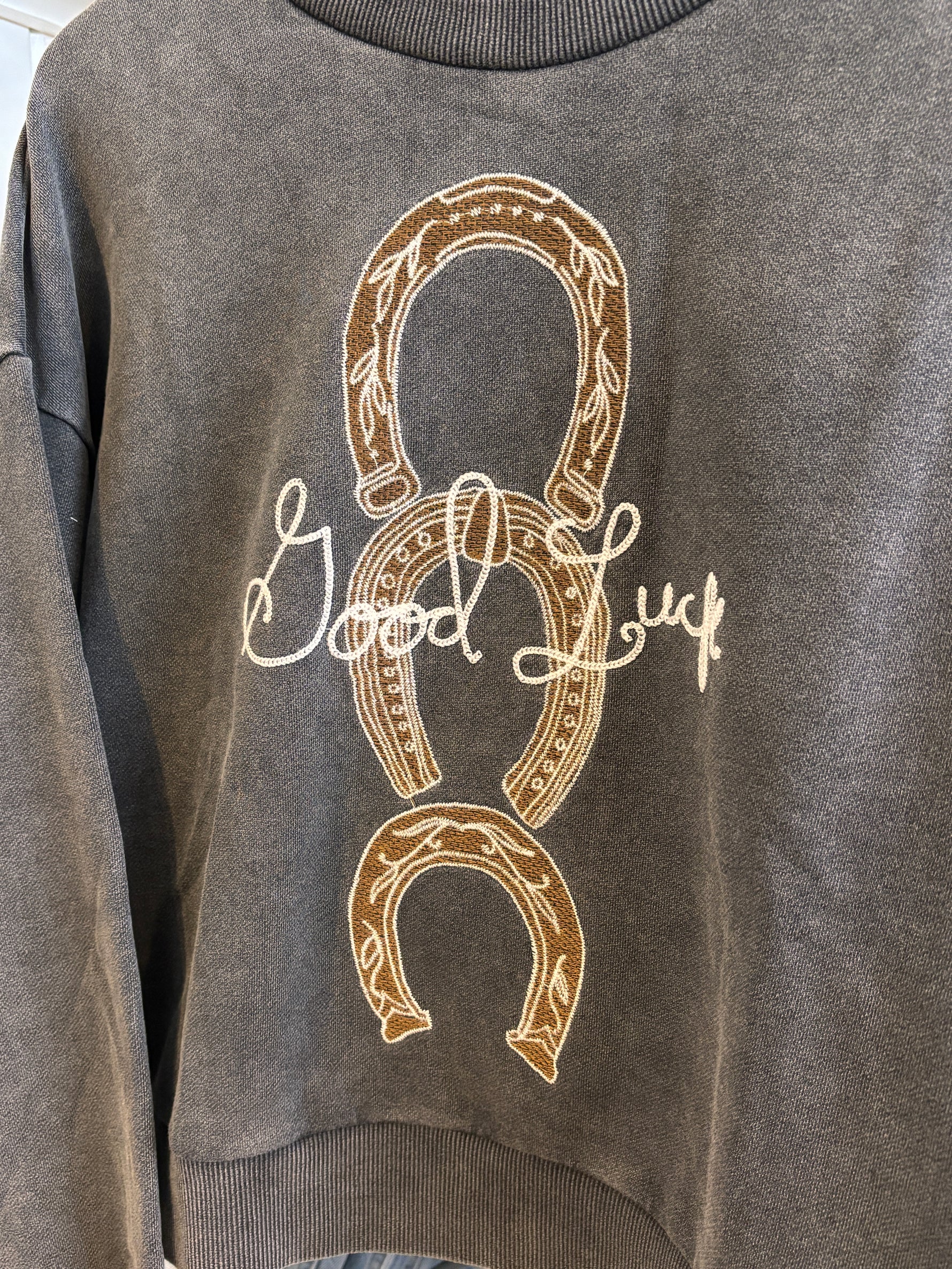 Womens Western Horseshoe Crewneck by Blue B sold at Bolt Ranch Store gray acid wash sweatshirt with embroidered horseshoes and good luck