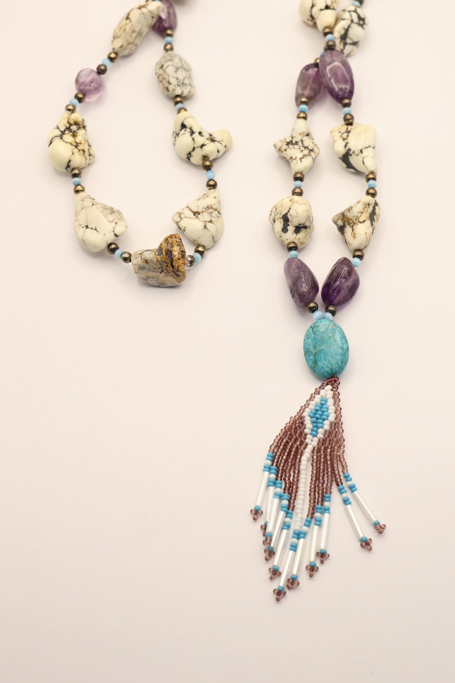 White Stone Turquoise and Amethyst hand beaded pendant loop necklace vintage one of a kind at bolt ranch store womens jewelry native american