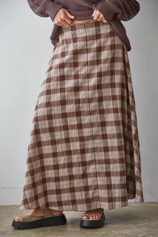 Whitney Woven Flare Midi Skirt in a brown and cream plaid that has elastic back waist fully lined