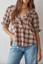 Whitney Woven Ruffle Plunged V Neck womens western boutique Utah in brown and cream 
