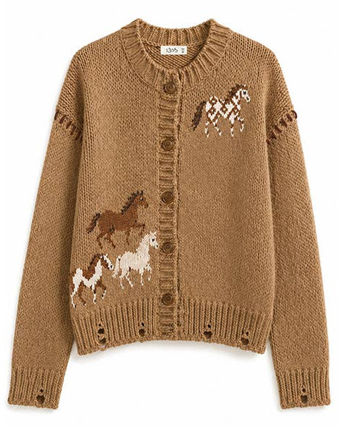 Wild Horses Intarsia Cardigan a button up cardigan with a woven horse on left shoulder and 3 horses on bottom right and long sleeves