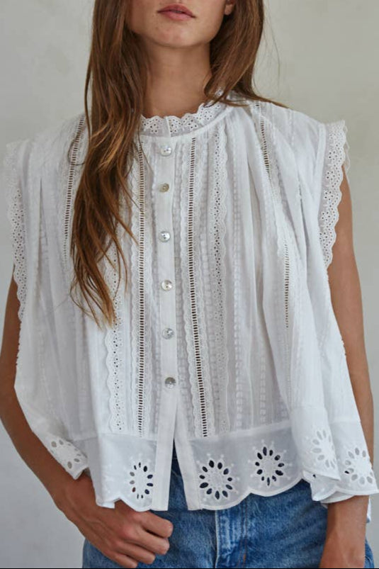 Willow Eyelet Button Down Sleeveless Top order at boltranchstore.com