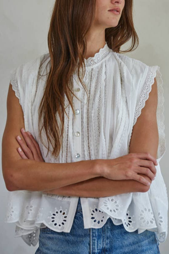 Willow Eyelet Button Down Sleeveless Top