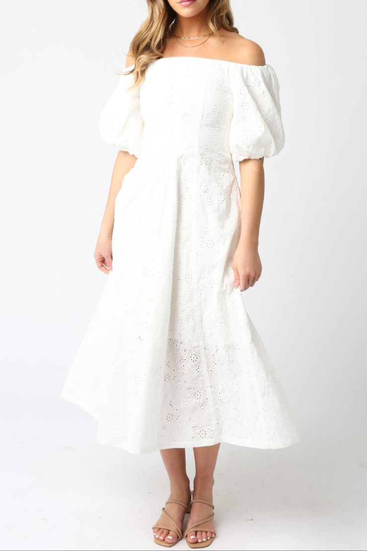 Wilson Balloon Dress Olivaceous 2500-829LDH womens white eyelet summer party wedding cocktail dress off shoulder puff sleeve midi dress white at Boltranchstore.com