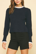 Winslow Woven Sweater womens ruffle sleeve and collar knit sweater navy blue fall 2025 popular Ballerina Farms Clothing boltranchstore.com