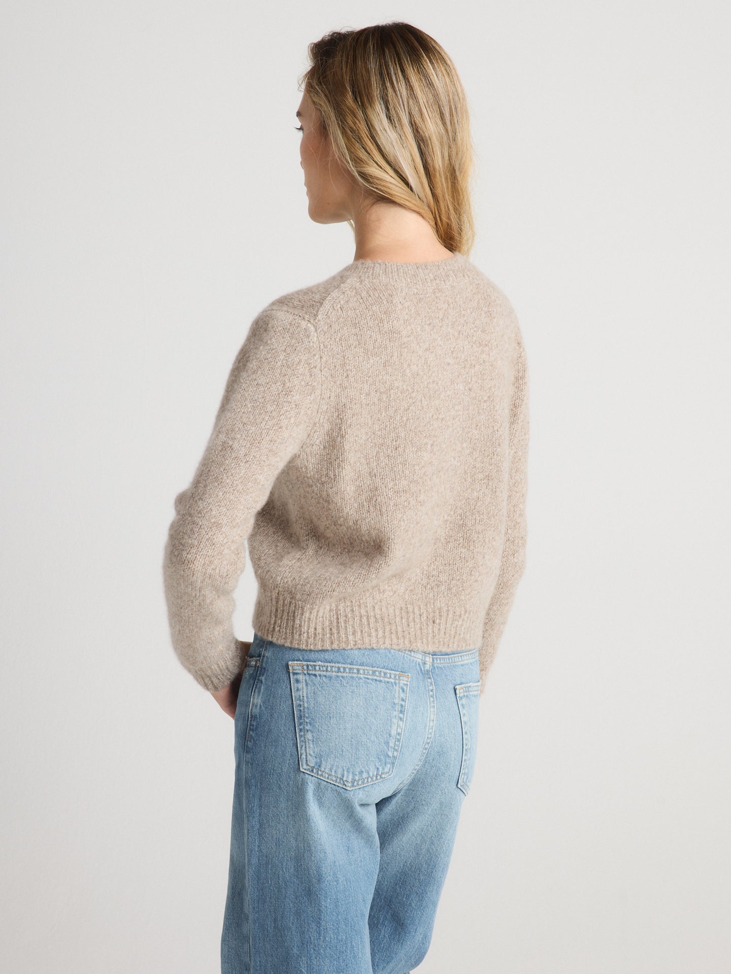 W Cashmere PHOEBE Cardigan Heather Brown cropped body with ribbed hem and crew neckline womens western clothing