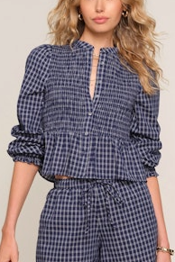 Womens Fiya Top indigo blue plaid womens buttondown peplum shirt Boltranchstore.com Free Shipping