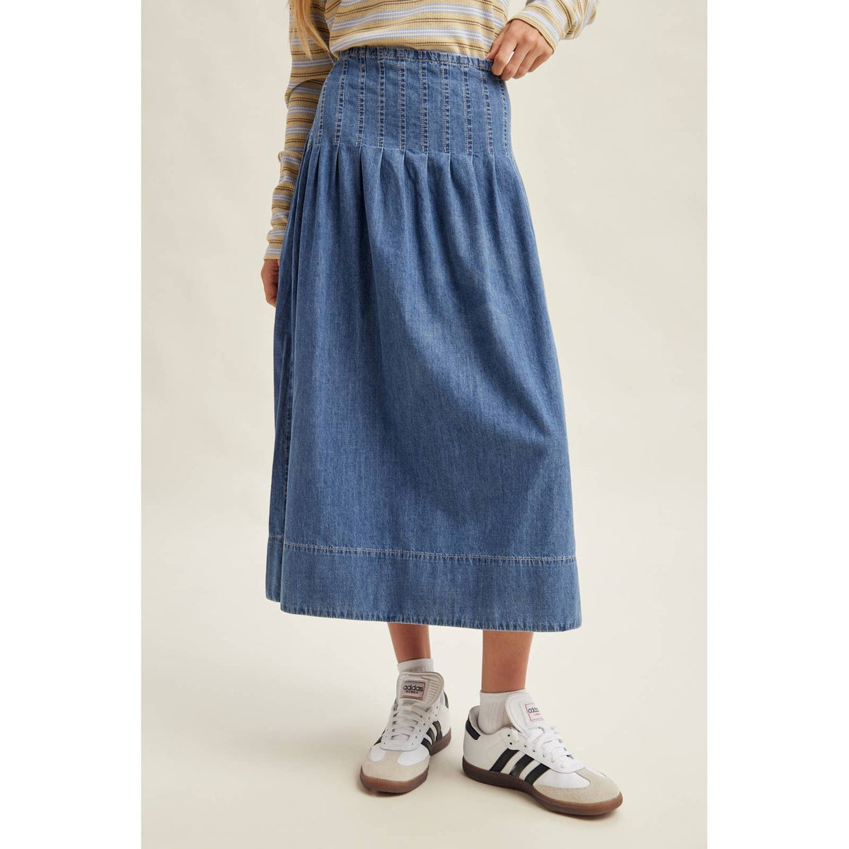 Womens Pleated Denim Midi Skirt at boltranchstore.com with free shipping in stock WESTERN fashion style cowboy boots casual summer shirt