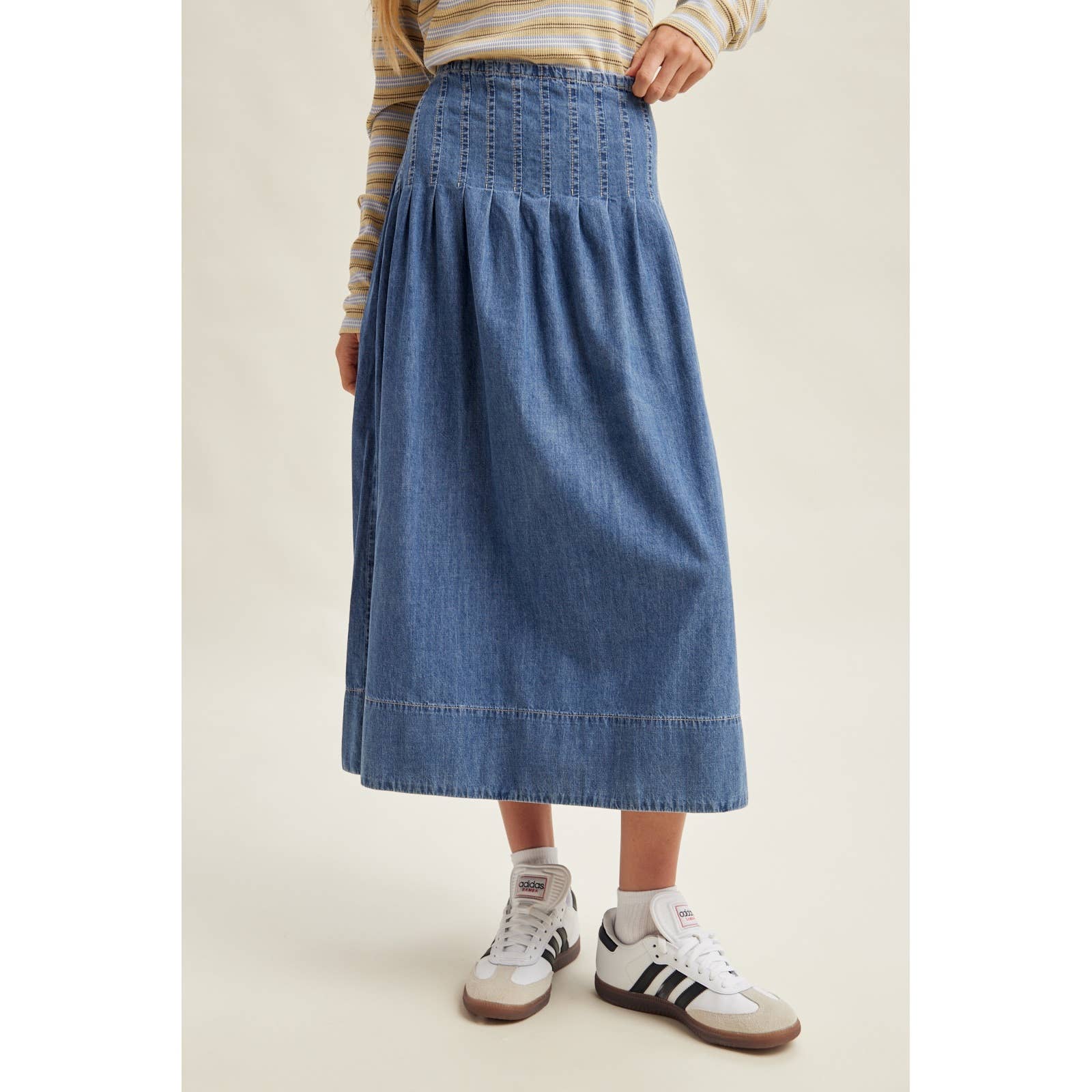 Womens Pleated Denim Midi Skirt at boltranchstore.com with free shipping in stock WESTERN fashion style cowboy boots casual summer shirt