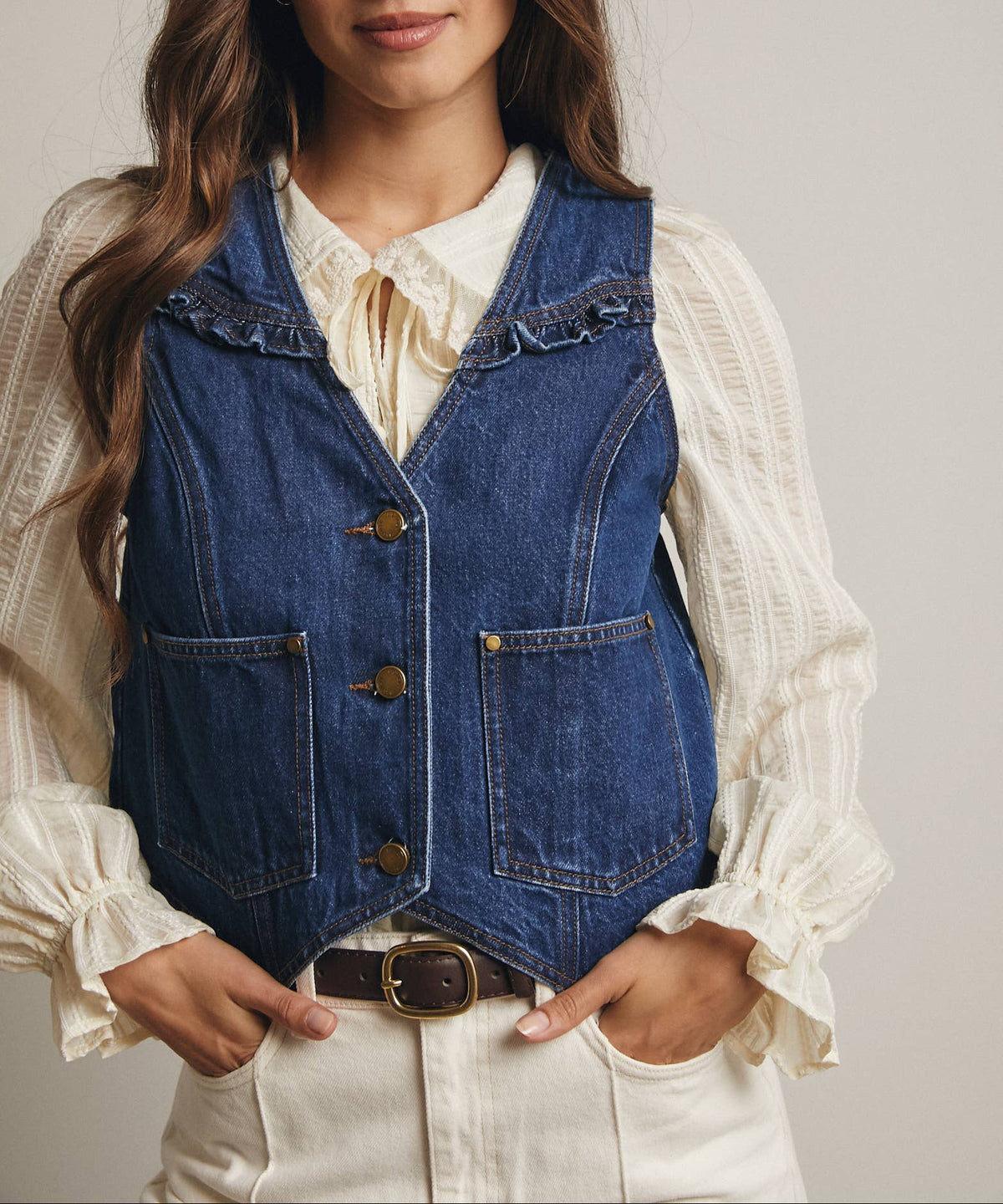 Womens Ruffle Trim Denim Vest 2 large pockets in front snaps free shipping western boutique