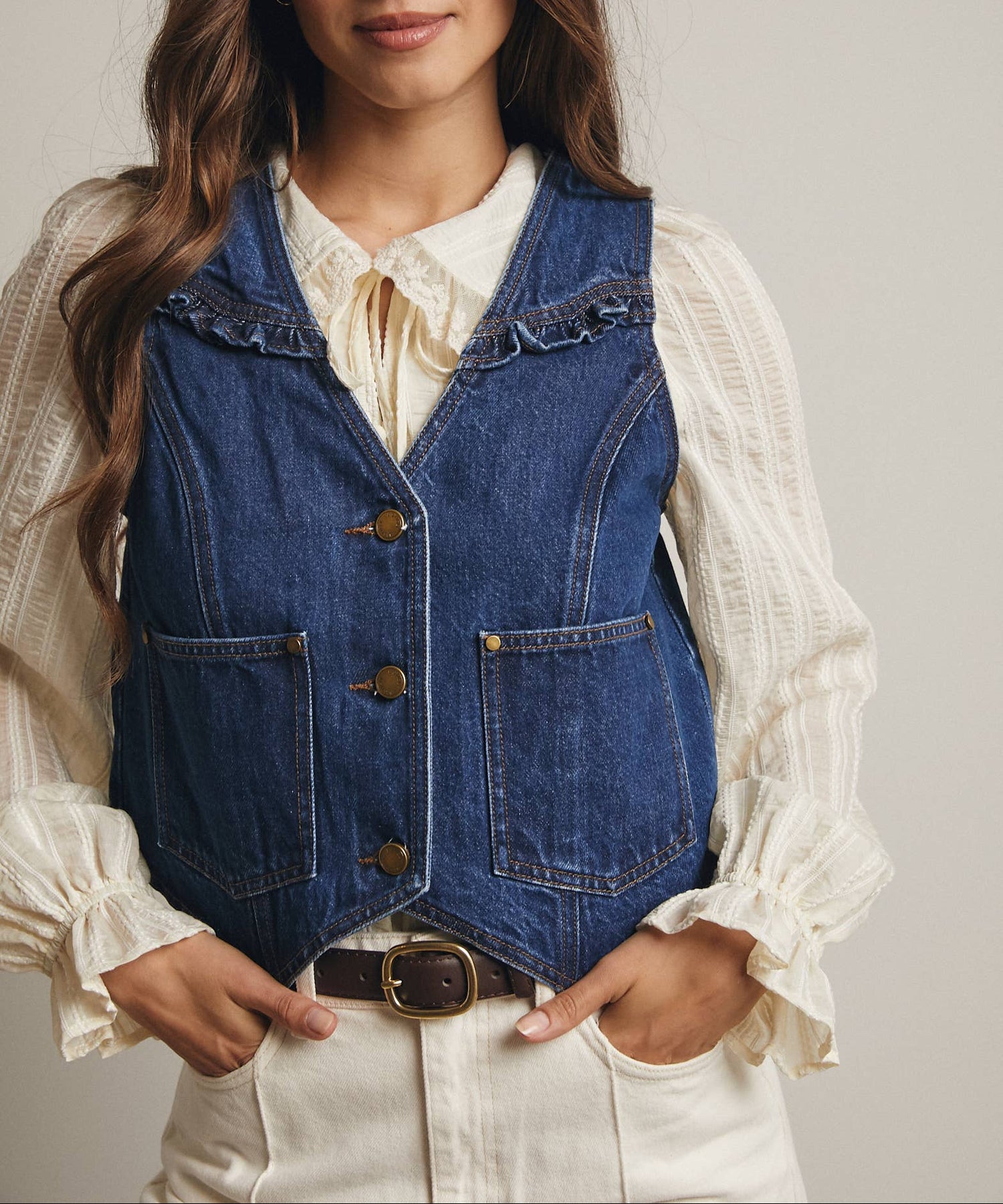 Womens Ruffle Trim Denim Vest 2 large pockets in front snaps free shipping western boutique