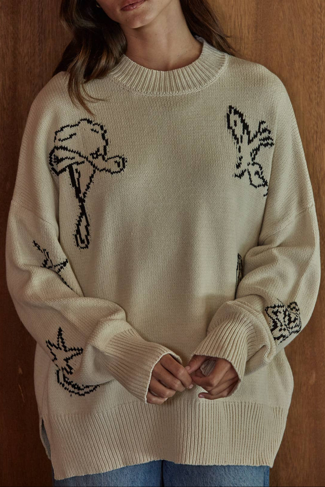 Womens western boutique Utah womens fashion Saddle Up Sweater Cream Black Womens Saddle Up Sweater Womens tan sweater with black cowboy hat western sweater