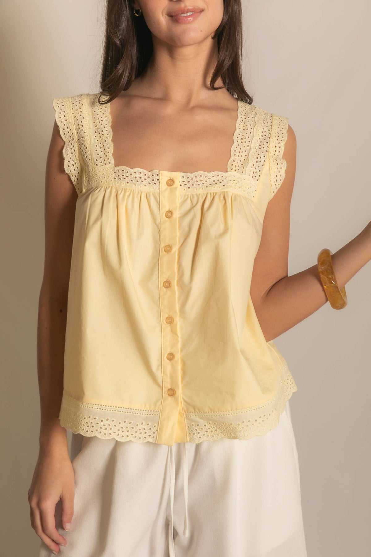 Womens Sleeveless Eyelet Trim Button Down Top At boltranchstore.com summer shirt free shipping the great THE GREAT dupe butter yellow lace tank top women