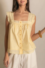 Womens Sleeveless Eyelet Trim Button Down Top At boltranchstore.com summer shirt free shipping the great THE GREAT dupe butter yellow lace tank top women