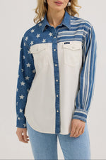 Womens Wrangler Pieced Boyfriend Denim Western Snap Shirt rodeo americana stars stripes july popular viral boltranchstore.com