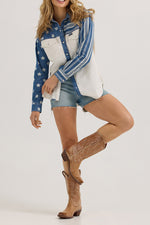 Womens Wrangler Pieced Boyfriend Denim Western Snap Shirt western july rodeo shirt american at Boltranchstore.com free shipping