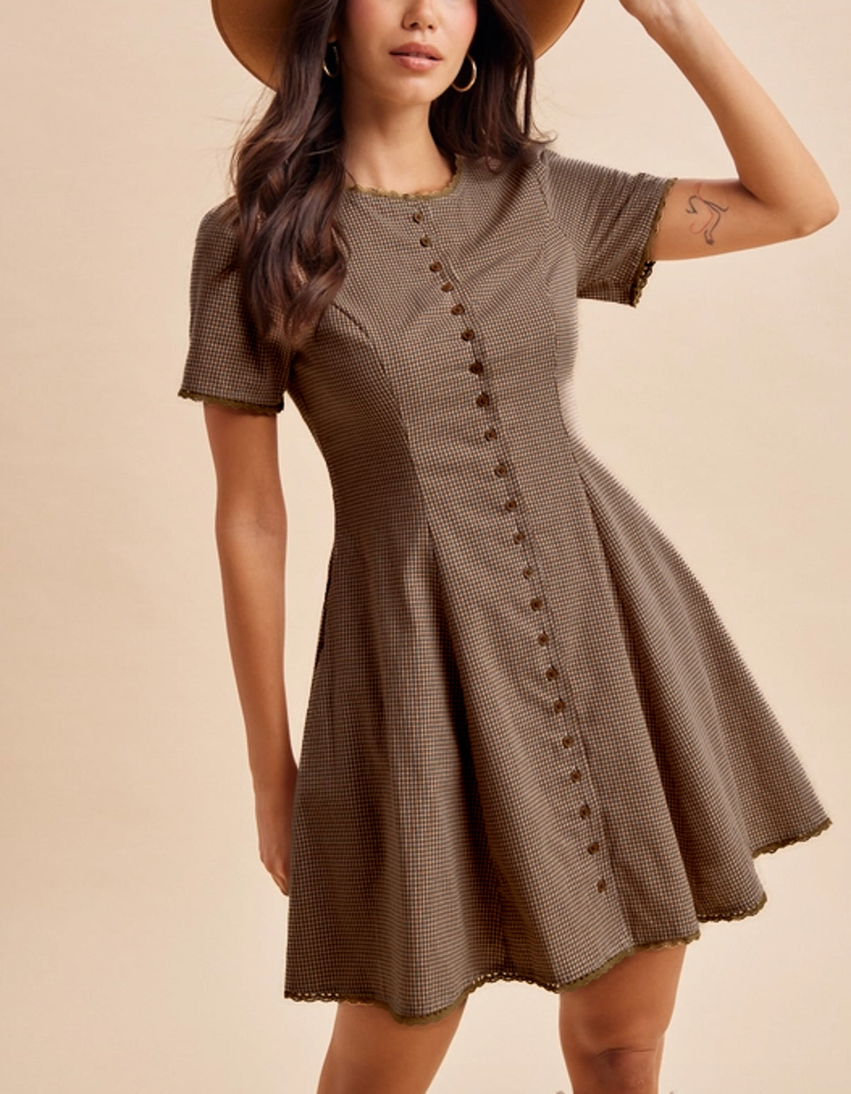 womens allie gingham mini dress in brown taupe and navy cream cute summer dress for teenager or young woman little lace details and button down slimming style