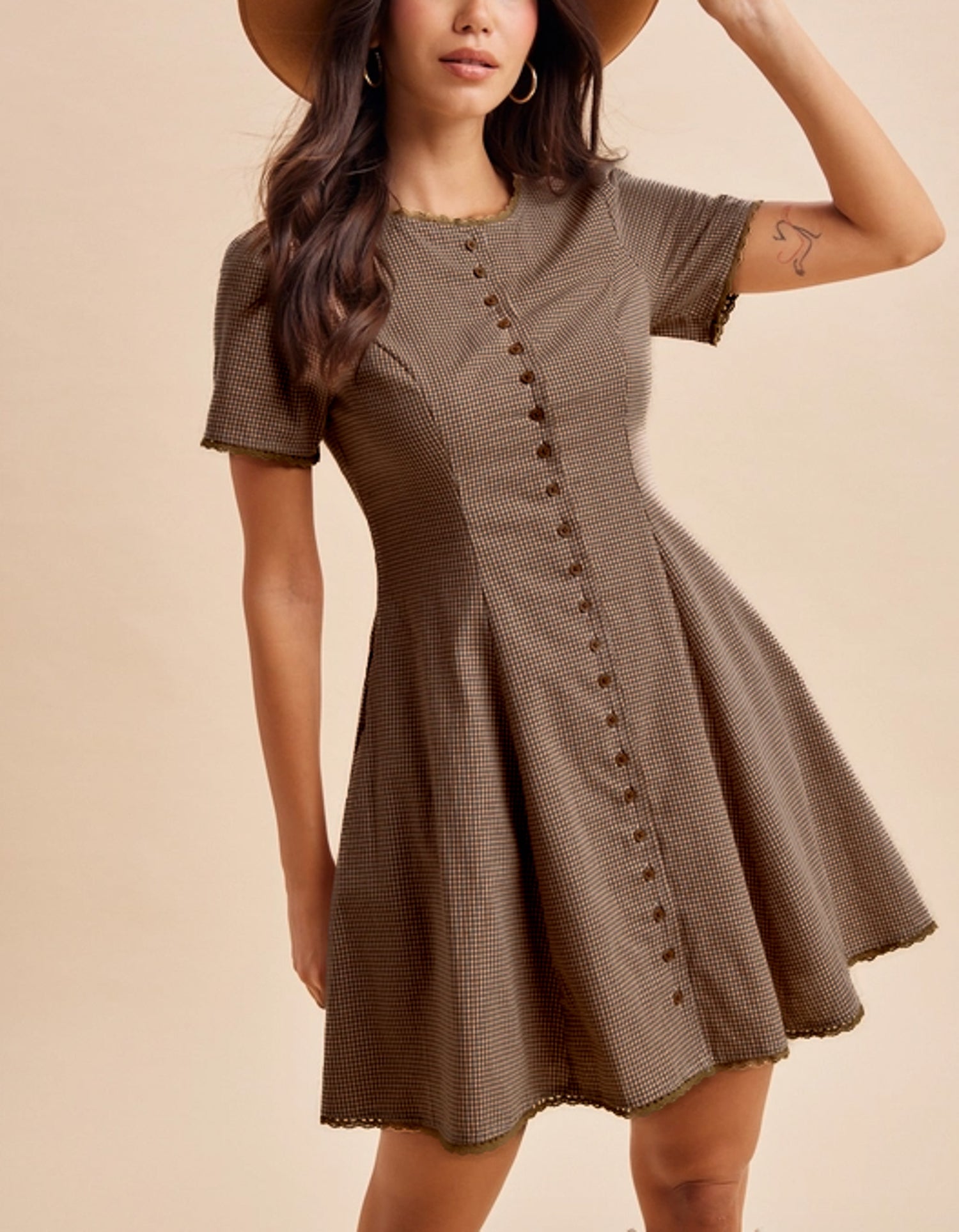 womens allie gingham mini dress in brown taupe and navy cream cute summer dress for teenager or young woman little lace details and button down slimming style