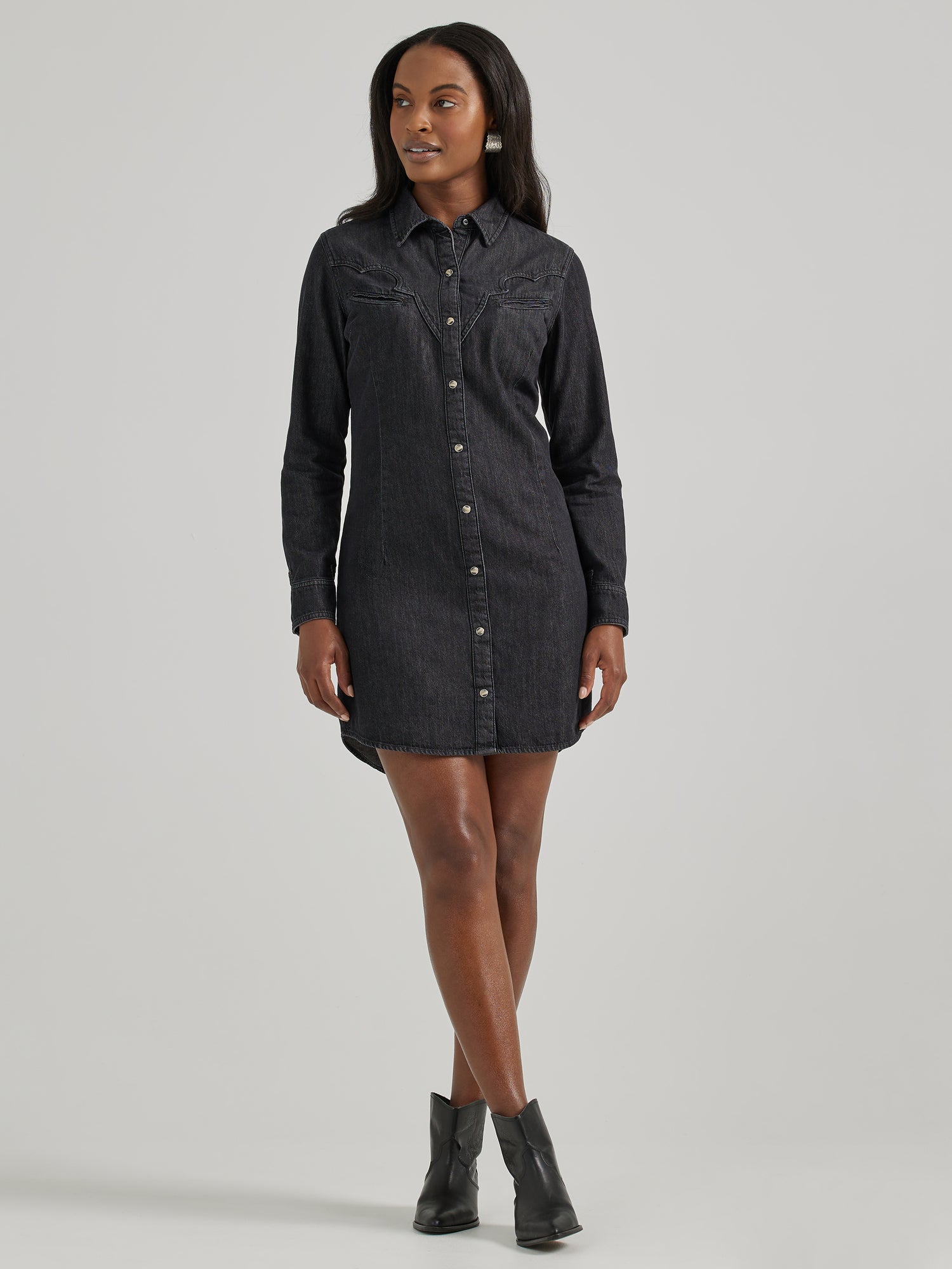 Wrangler Womens LS Denim Snap Black Denim Dress