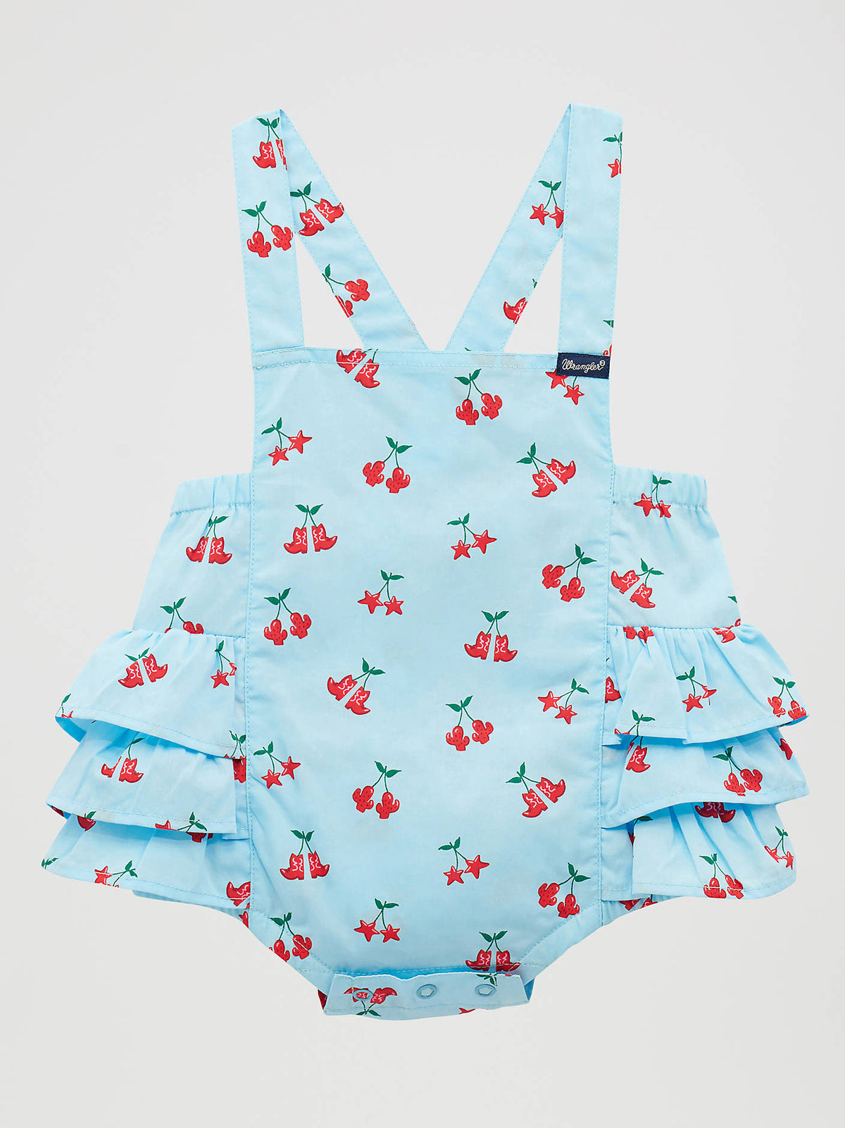 Wrangler Baby Girl Blue Boot Onsie with boots, stars and cacti in a sleeveless with ruffles 112379436 bodysuit at boltranchstore.com