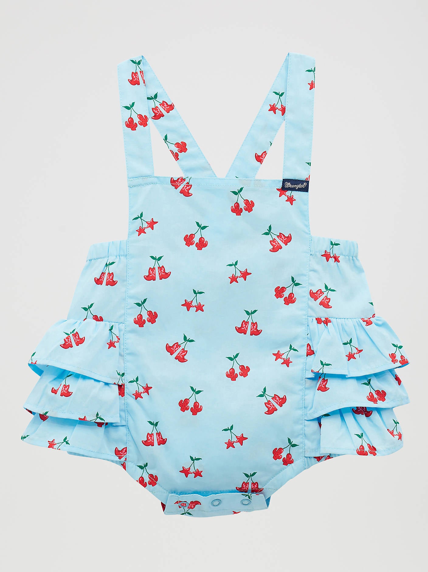 Wrangler Baby Girl Blue Boot Onsie with boots, stars and cacti in a sleeveless with ruffles 112379436 bodysuit at boltranchstore.com