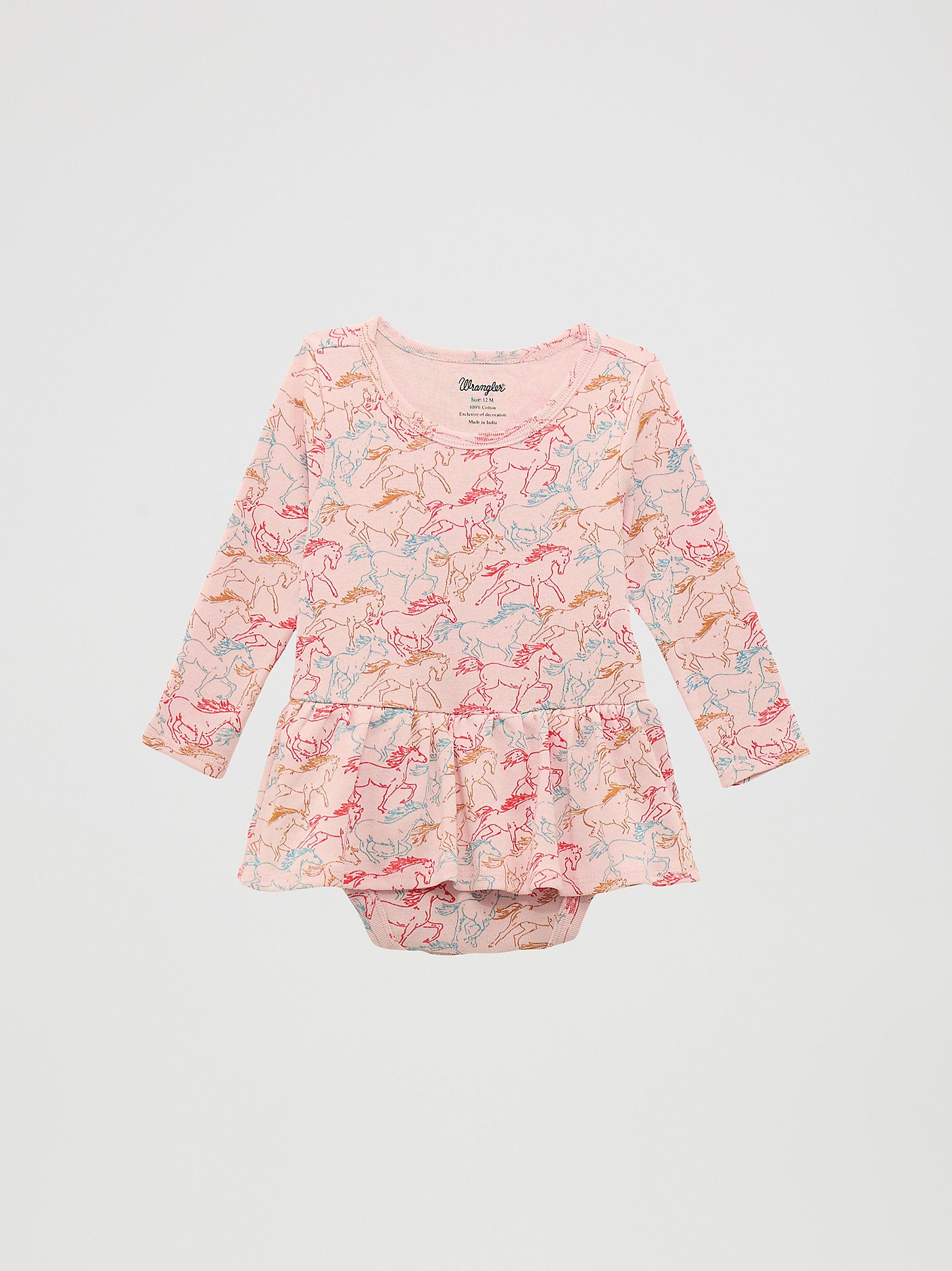 Wrangler Baby Girl Horse Print Skirted Bodysuit in soft pink with a cowgirls skirt 