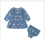 A two-piece baby girl's outfit set featuring a long-sleeve blue dress with a white cowboy hat and paisley pattern, paired with matching blue bloomers.