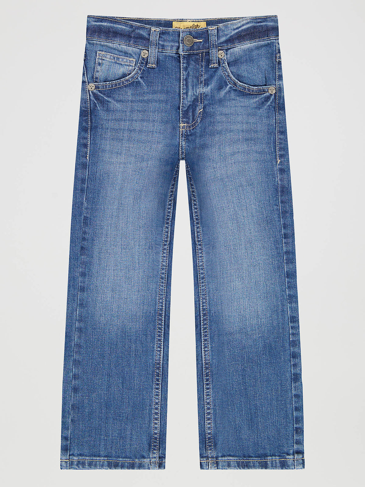 Wrangler Boys 42 Vintage Bootcut Jean a medium wash some whiskering on the front detail lighter on the front knees at 