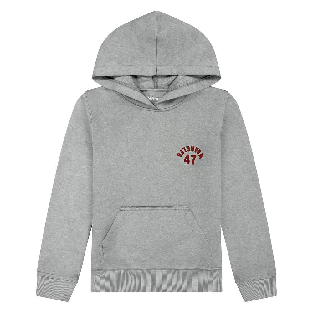  Wrangler Boys 47 Logo Pullover Hoodie in Mid Gray Melange SKU 112380315 with kangaroo pocket and Wrangler inverted a hoodie without a tie string