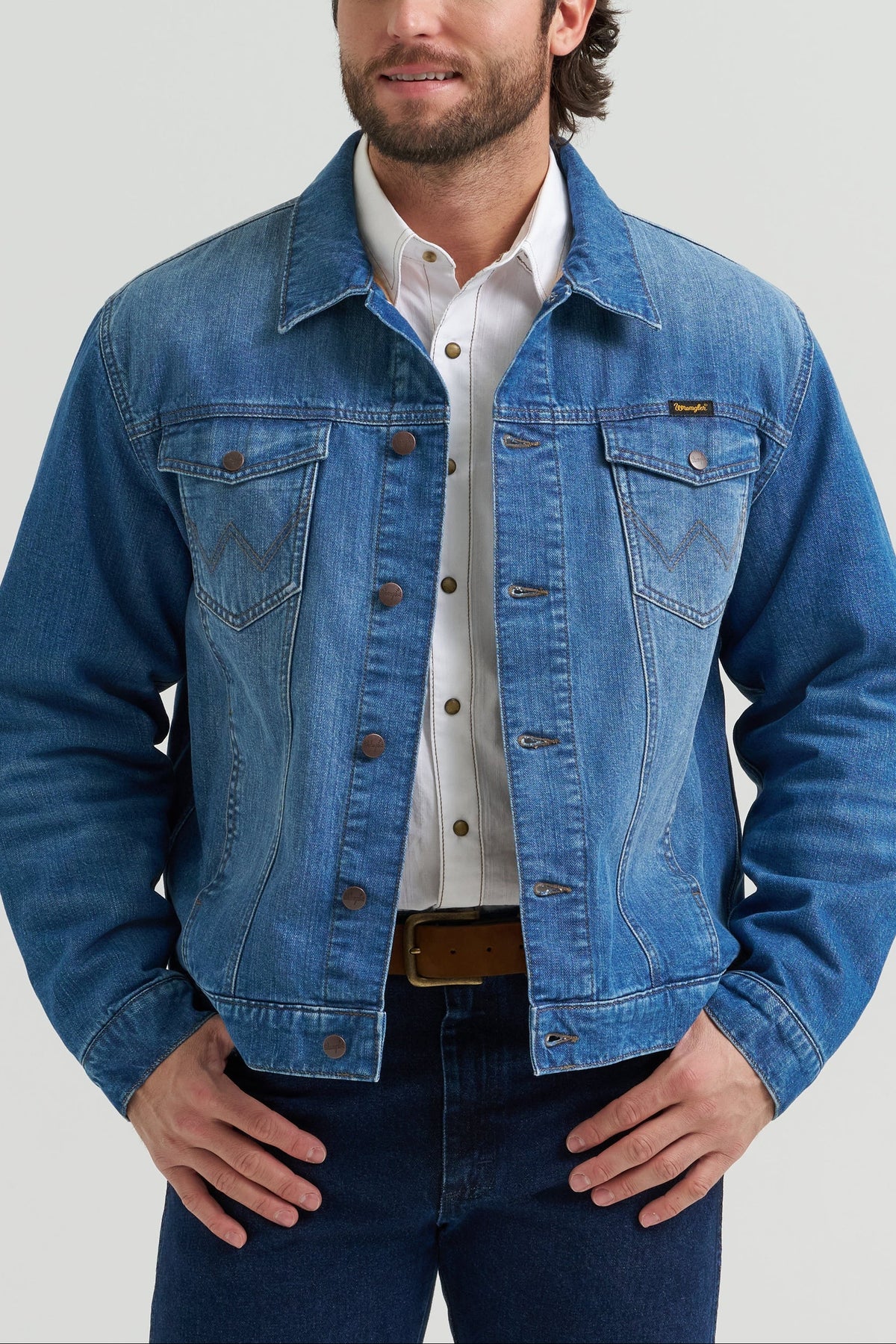 Wrangler Cowboy Cut Flannel Lined Denim Jacket in blue indigo 100 percent cotton denim western clothing Utah SKU 112381946