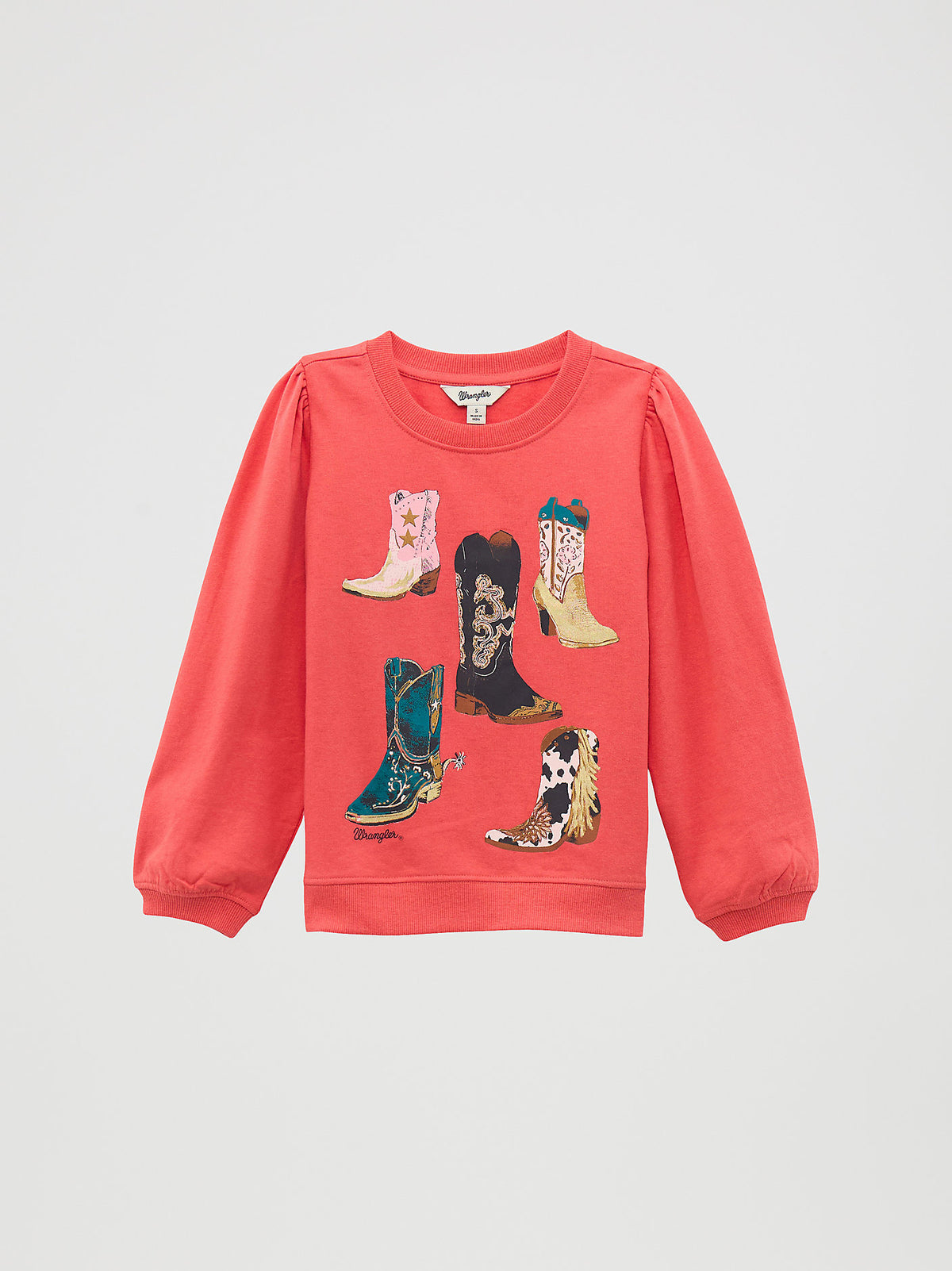 Wrangler Girls Graphic Puff Sleeve Pullover with cowboy boots printed on the sweatshirt buy at boltranchstore.com