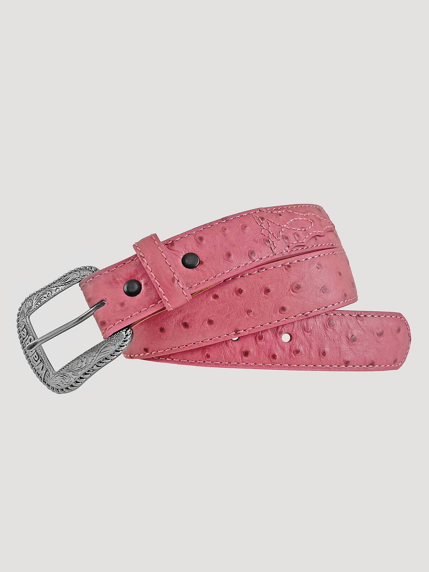 Wrangler Girls Ostrich Print Leather Belt a pink belt ready for her next rodeo available at boltranchstore.com