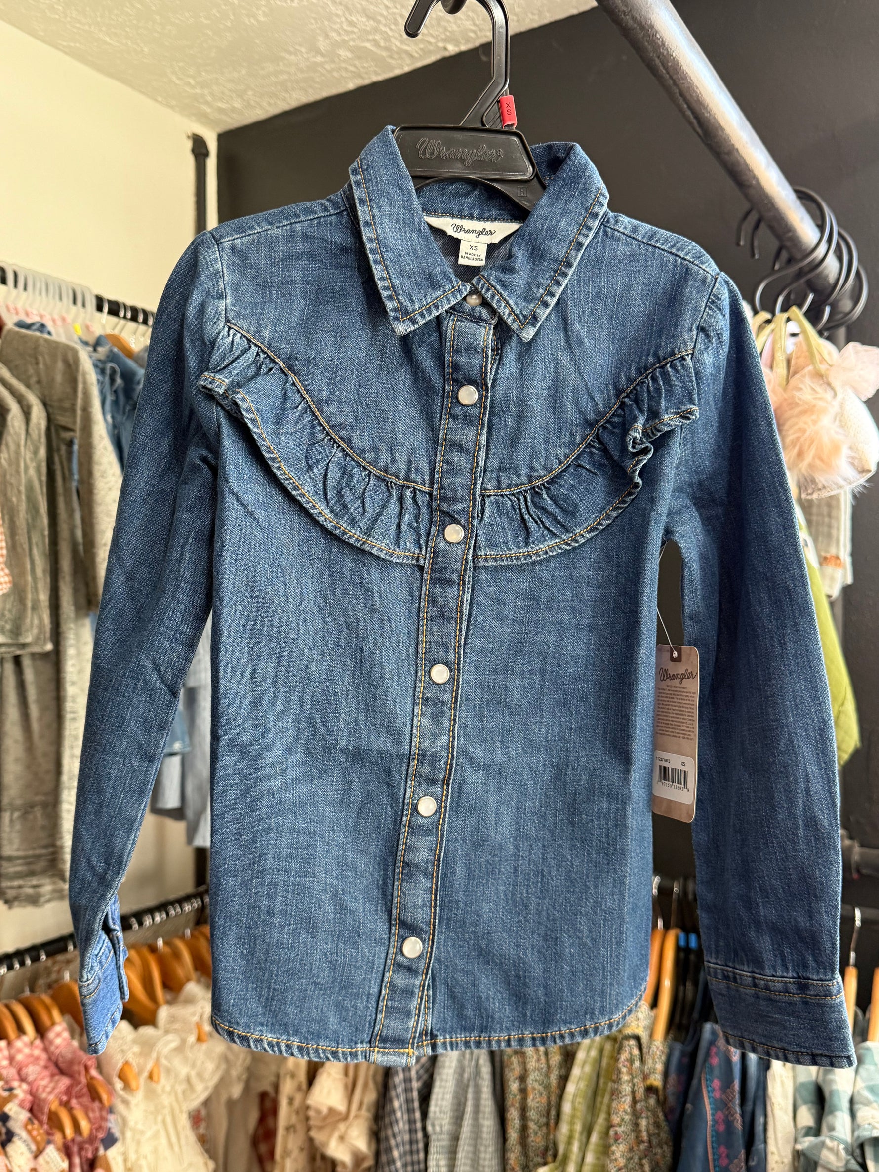 Wrangler Girls Ruffle Denim Snap Shirt find at boltranchstore.com western wear