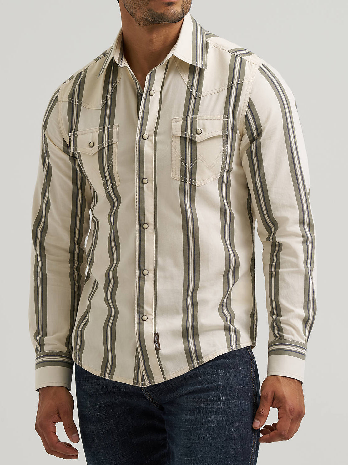 Wrangler Men Retro Premium Striped Snap Shirt in olive stripe and tan in a snap shirt two snap down front pockets long sleeve shirt at boltranchstore.com