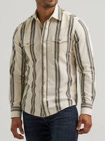 Wrangler Men Retro Premium Striped Snap Shirt in olive stripe and tan in a snap shirt two snap down front pockets long sleeve shirt at boltranchstore.com
