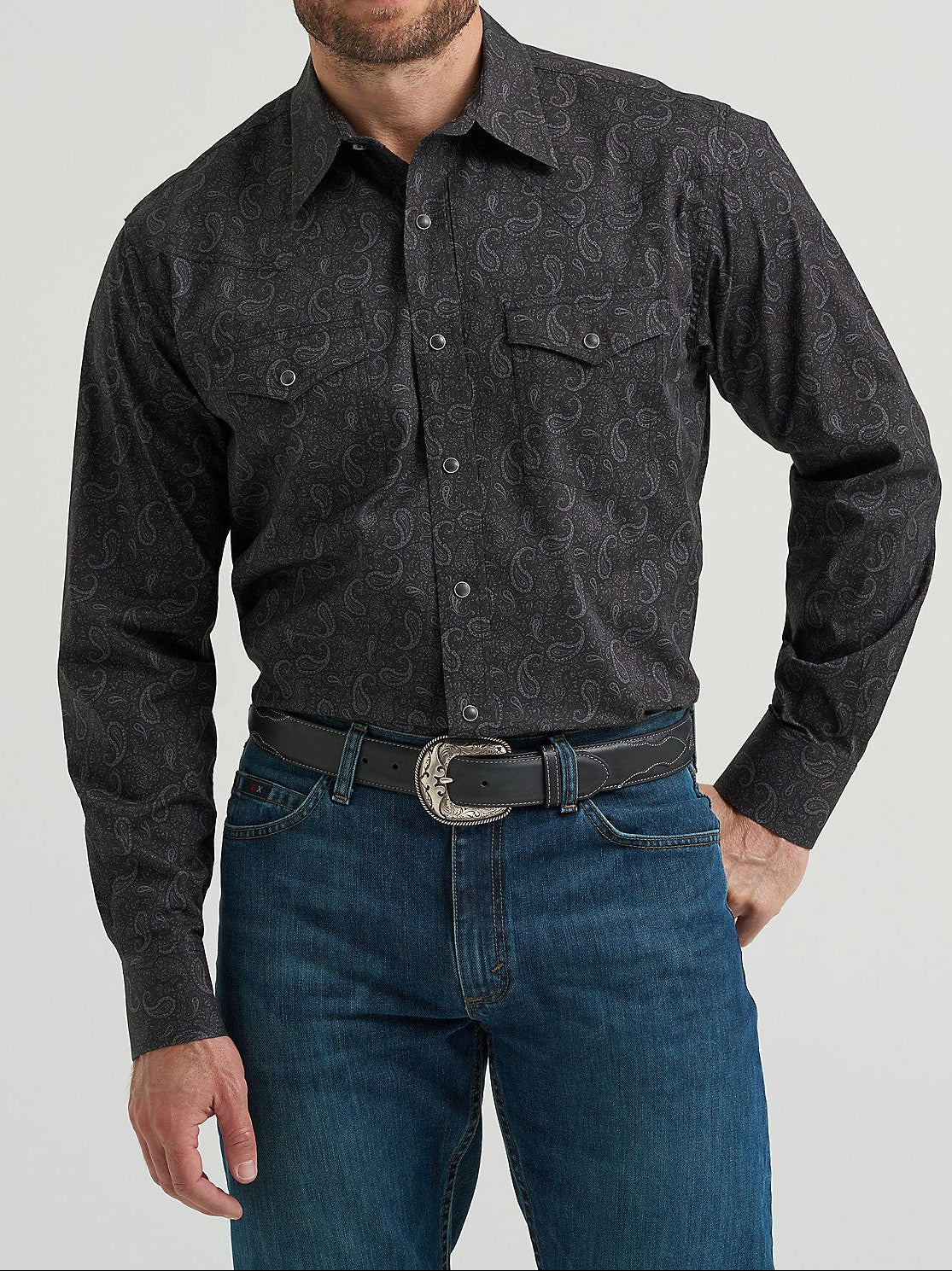 Wrangler Mens 20X Advanced Comfort Long Sleeve Snap Shirt featuring collared two snap pockets available at boltranchstore.com