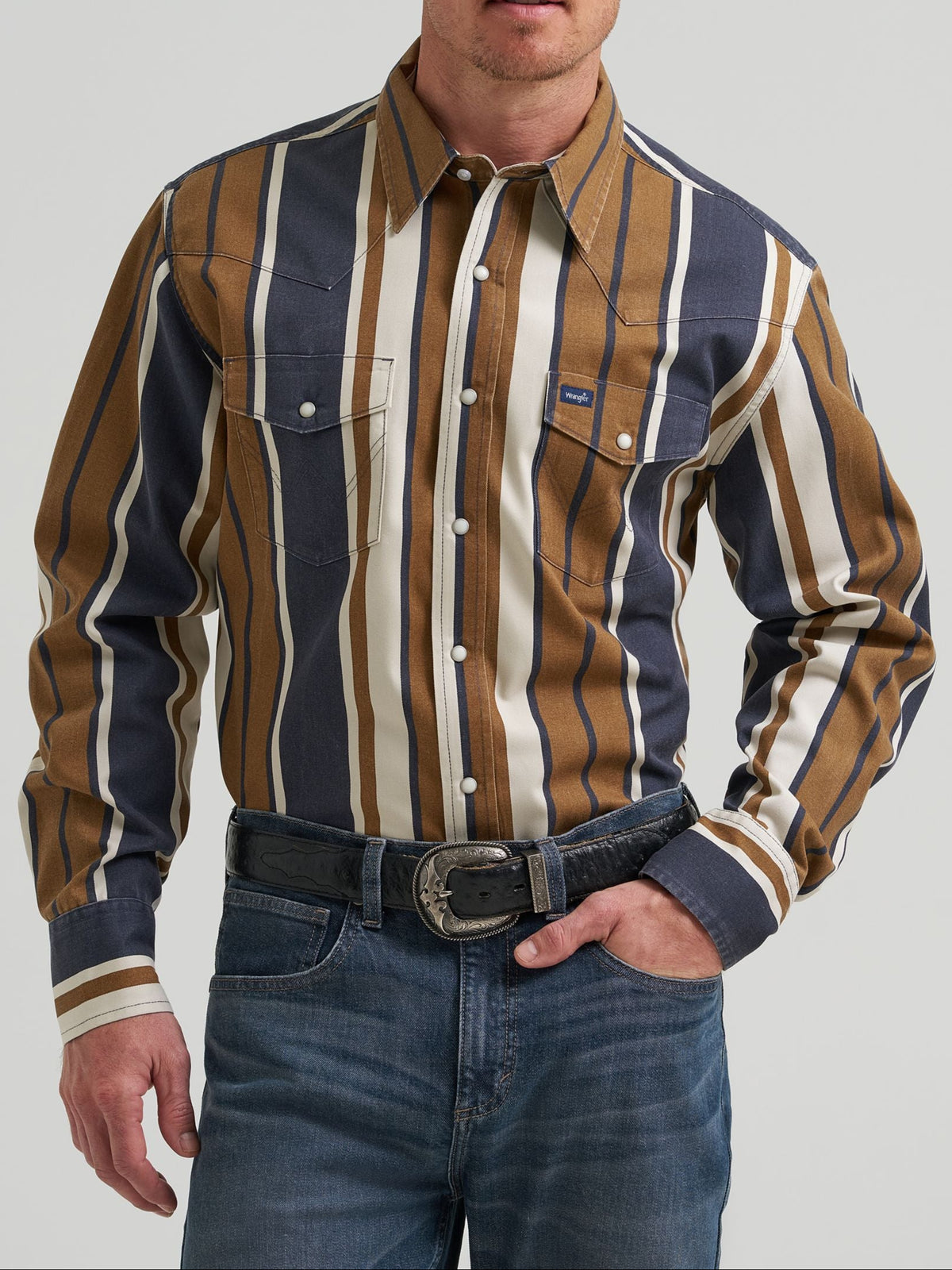 Wrangler Vintage Inspired Brushpopper Western Snap Workshirt Amber Wheat amber wheat multicolor stripe cotton western snap shirt cowboy western clothing SKU 112385789