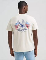 Wrangler Mens American Flag Pole Back Graphic T Shirt free shipping in stock cream-colored Wrangler t-shirt with a large graphic on the back featuring an eagle, American flags, and the Wrangler logo
