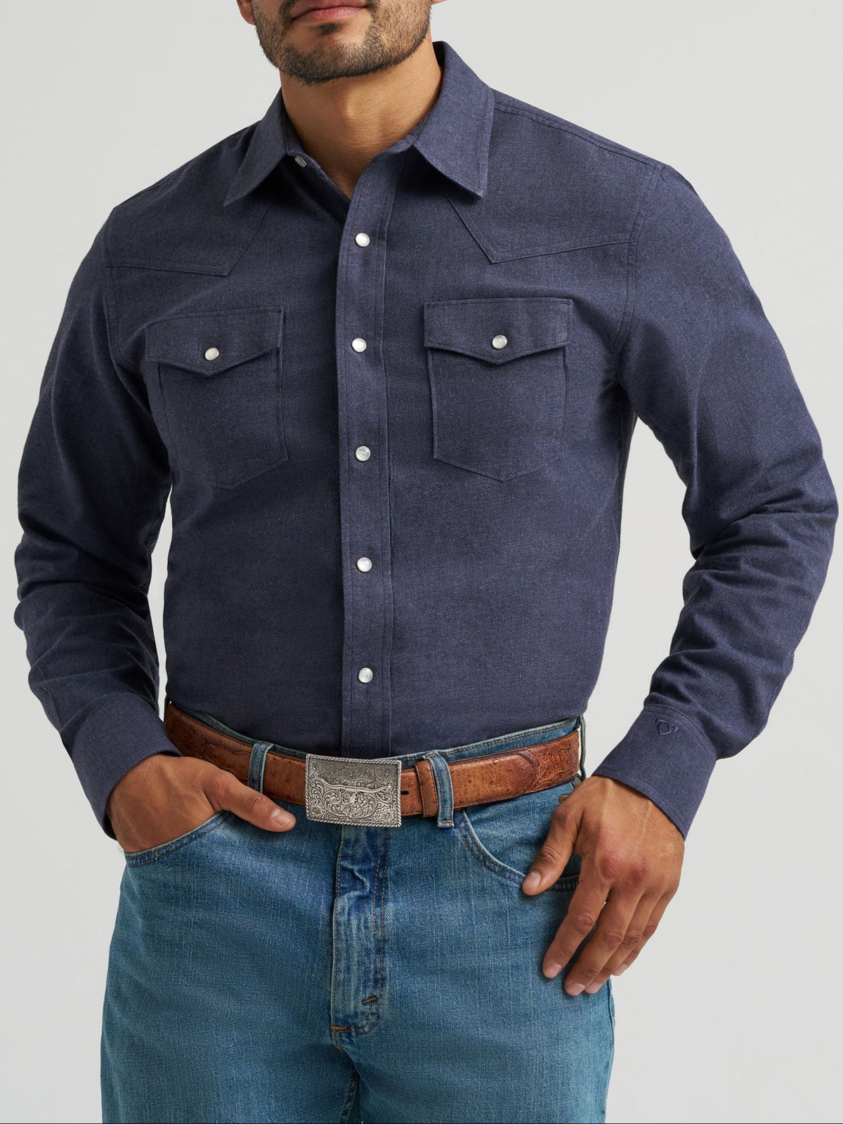 Wrangler Mens Cody Johnson Two Pocket Western Snap Shirt Solid Blue solid blue cotton long sleeve western snap shirt mens western clothing Utah SKU 112385451