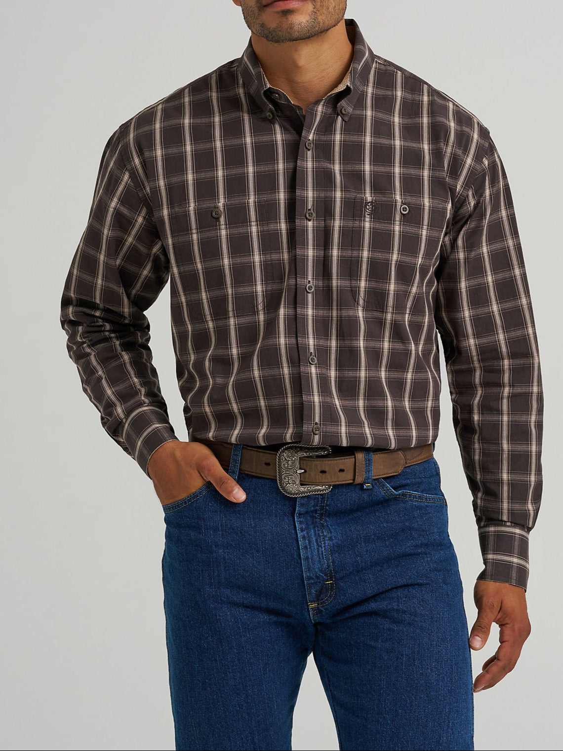 Wrangler Mens George Straight Shirt in Coffee Plaid order at boltranchstore.com
