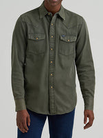 Wrangler Mens Olive Denim Snap Shirt snap shirt in a dark olive two front snap down pockets long sleeve shirt available at boltranchstore.com