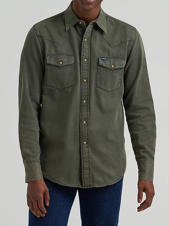 Wrangler Mens Olive Denim Snap Shirt snap shirt in a dark olive two front snap down pockets long sleeve shirt available at boltranchstore.com