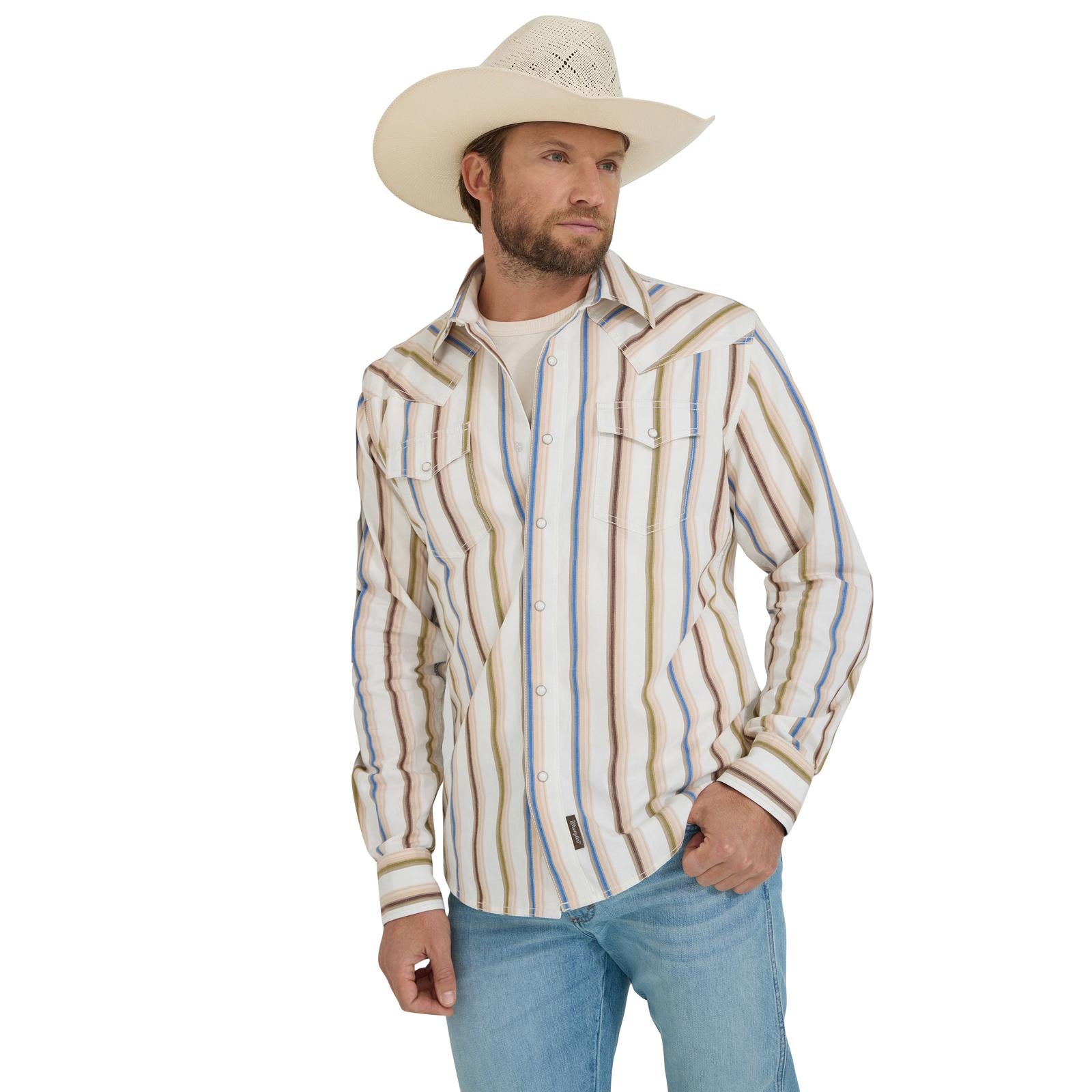Wrangler Mens Retro Premium Long Sleeve Shirt western wear striped rodeo western shirt at Boltranchstore.com
